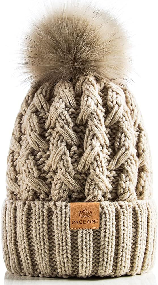 PAGE ONE Womens Winter Ribbed Beanie Crossed Cap Chunky Cable Knit Pompom Soft Warm Hat | Amazon (US)