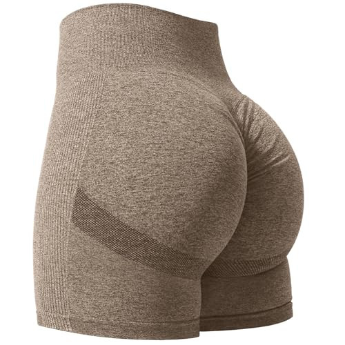 QOQ Women Scrunch Butt Workout Shorts Seamless High Waist Ruched Booty Yoga Biker Shorts Brown M | Amazon (US)
