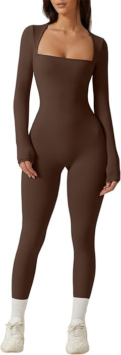 QINSEN Womens Sexy Square Neck Long Sleeve Full Length Leggings Bodycon Stretch Jumpsuit | Amazon (US)