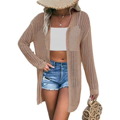 Clearlove Women's Lightweight Long Sleeve Open Front Beach Cover Up Crochet Lace Duster Cardigan Summer Boho Chic Shrug Apricot M | Target