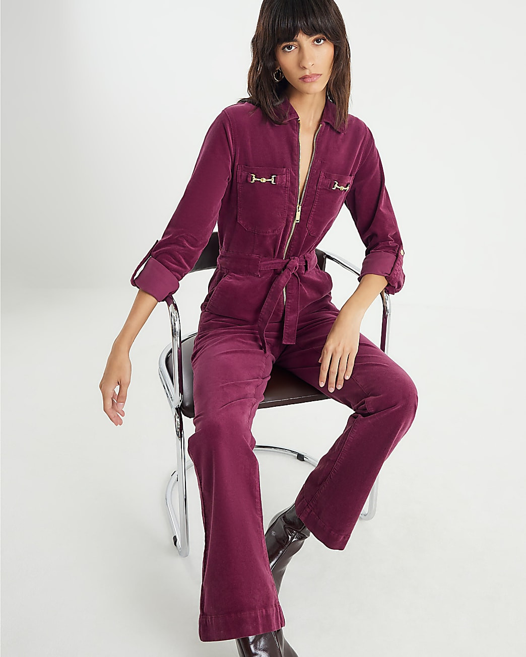 Red Corduroy Long Sleeve Snaffle Jumpsuit | River Island UK & IE