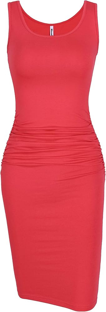Women's Sleeveless Tank Ruched Casual Knee Length Bodycon Sundress Basic Fitted Dress | Amazon (US)