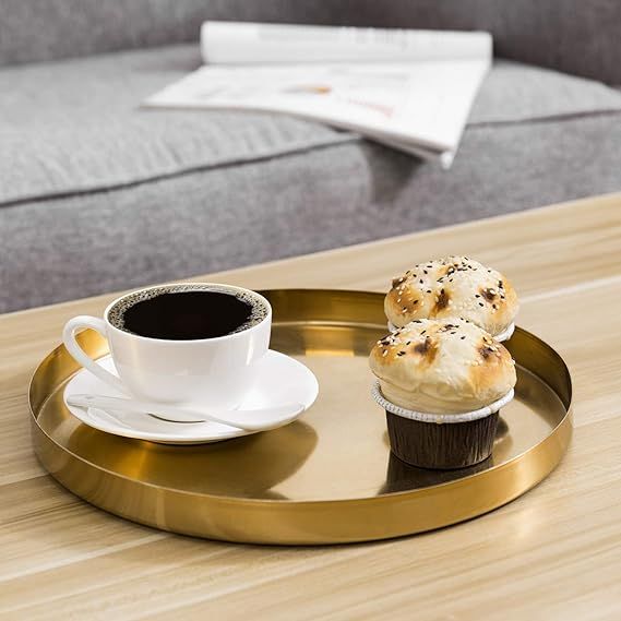 MyGift Brass Coffee Table Tray, 11-inch Brushed Brass Plated Metal Round Decorative Serving Tray | Amazon (US)
