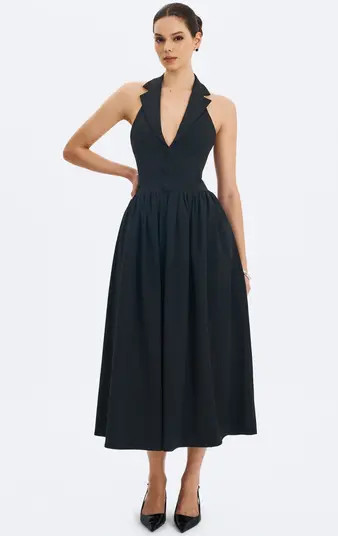 Delaney Lapel Halter Midi A-Line Dress | Nordstrom