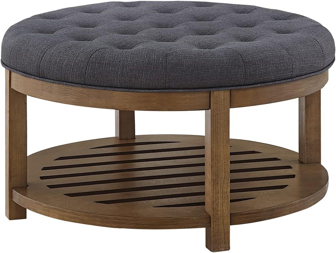 24KF Large Round Upholstered Tufted Linen Ottoman Coffee Table, Large Footrest Ottoman with Wood ... | Amazon (US)