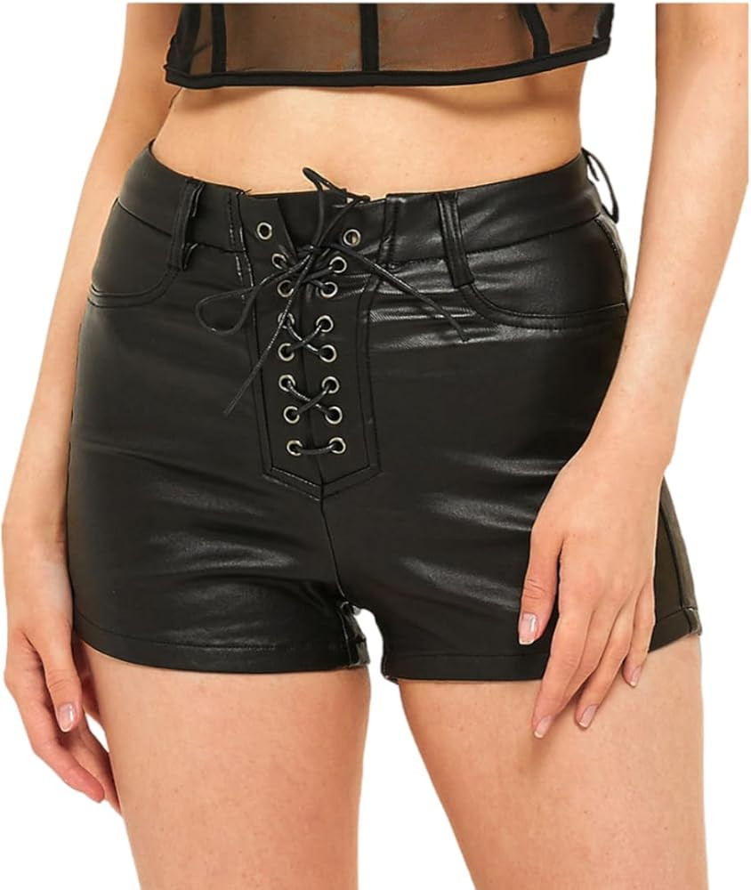 Womens Casual High Waist Stretch Faux Leather Shorts Slim Fit Zipper Motorcycle Coated Shorts | Amazon (US)