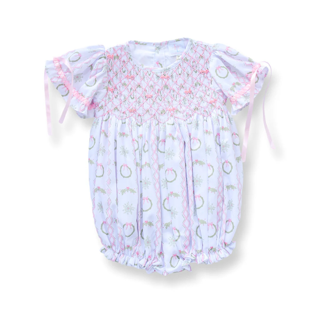 Girls Pink Christmas Wreath Smocked Bubble | Lillie & Lilah