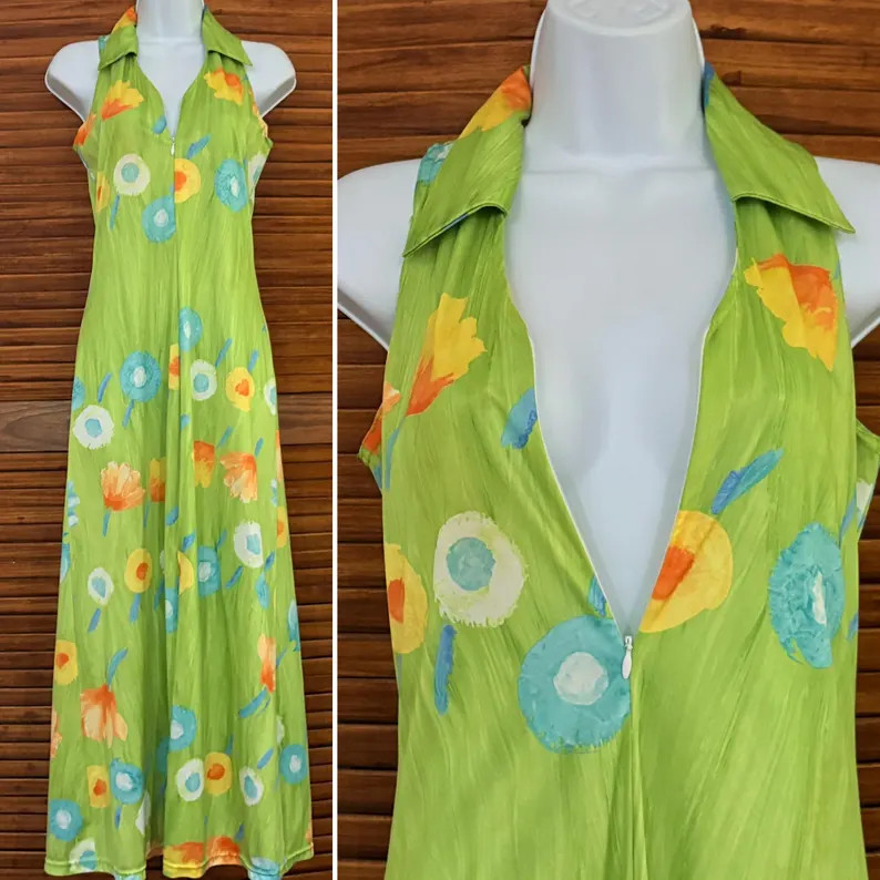 90s Floral Maxi Dress – Vintage Y2K Green Zip Front, Size Small | Etsy (US)