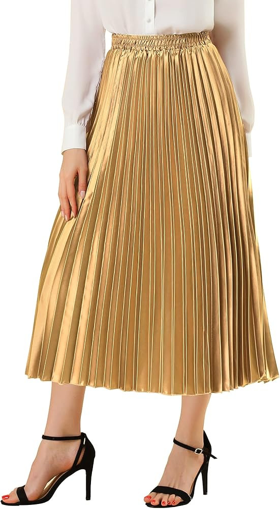 Allegra K Women's Party Elastic Waist Metallic Shiny Accordion Pleated Midi Skirt | Amazon (US)