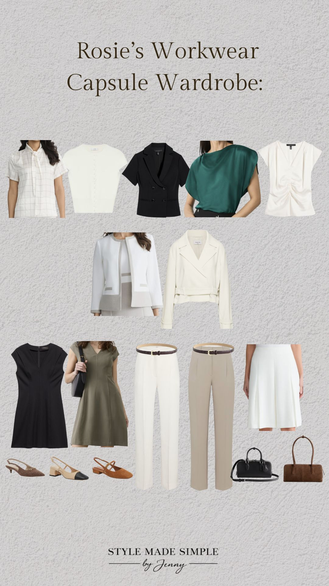 A polished, petite-friendly workwear capsule designed for leadership meetings, conference days, presentations, and elevated business travel — without sacrificing comfort.

For my client Rosie, we focused on:
• petite-friendly proportions
• breathable, quality fabrics
• versatile pieces that mix effortlessly into endless outfits

This custom workwear capsule includes 15 thoughtfully selected pieces + a fully styled outfit lookbook with ready-to-wear formulas for every meeting, presentation, and travel day ahead.



book your own custom capsule wardrobe: https://stylemadesimplebyjenny.com/



petite workwear / petite business casual / workwear capsule wardrobe / federal government workwear / conference outfits / business trip outfits / quiet luxury style / petite fashion / professional outfits for women / work conference style / polished casual outfits / business casual capsule wardrobe / petite office outfits / DC workwear / presentation outfits / suits inspired outfits / elevated essentials / timeless workwear / comfortable work shoes / neutral capsule wardrobe

#PetiteStyle #WorkwearCapsule #BusinessCasualStyle #PetiteFashion #CapsuleWardrobe 

 #LTKOver40 #LTKPetite #LTKWorkwear