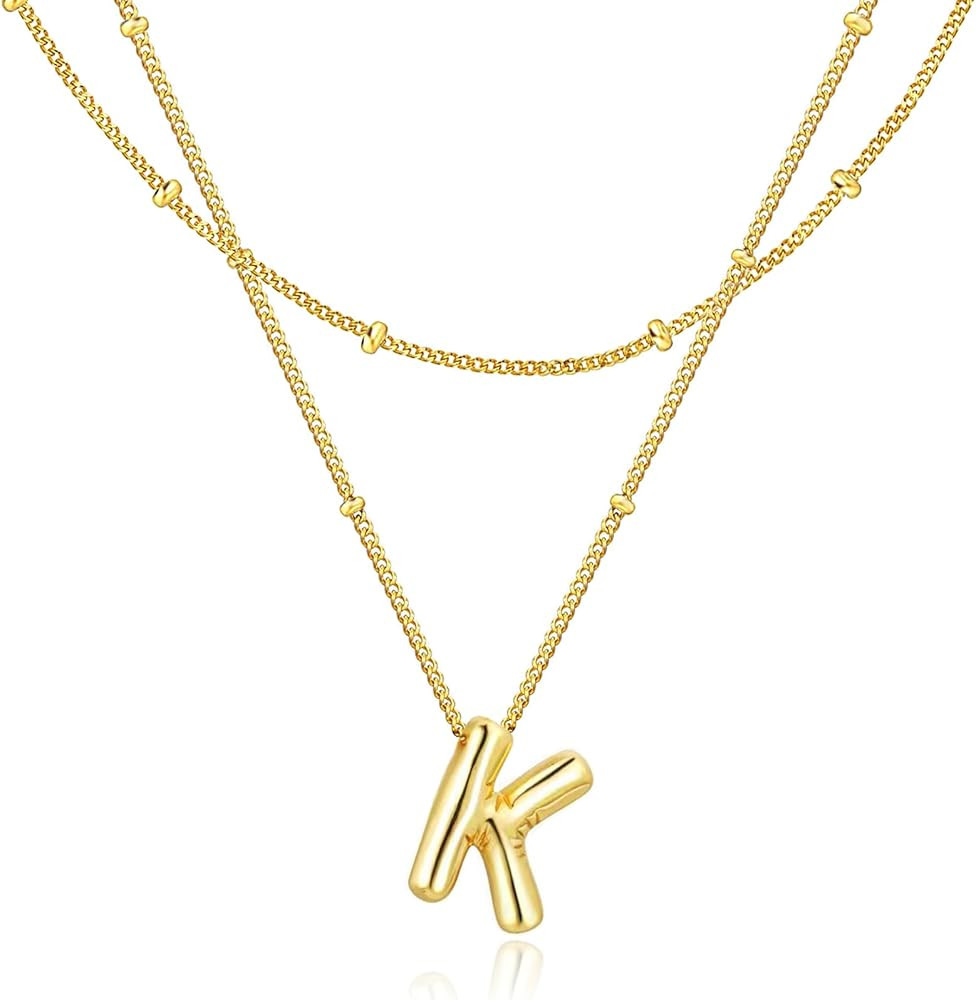 Bubble Letter Necklace for Women, 14k Gold Plated Initial Letter Pendant Necklace Personalized Je... | Amazon (US)