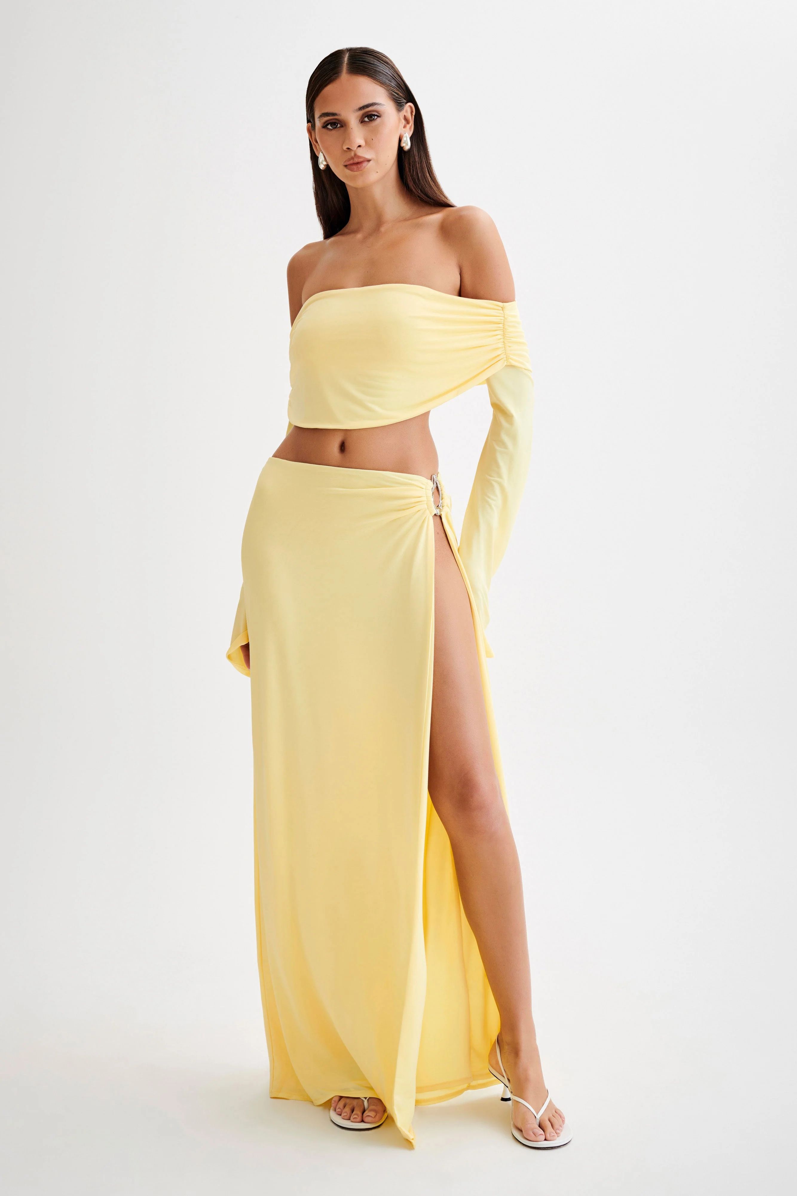 Suri Slinky Maxi Skirt With Silver Hardware - Yellow | MESHKI US