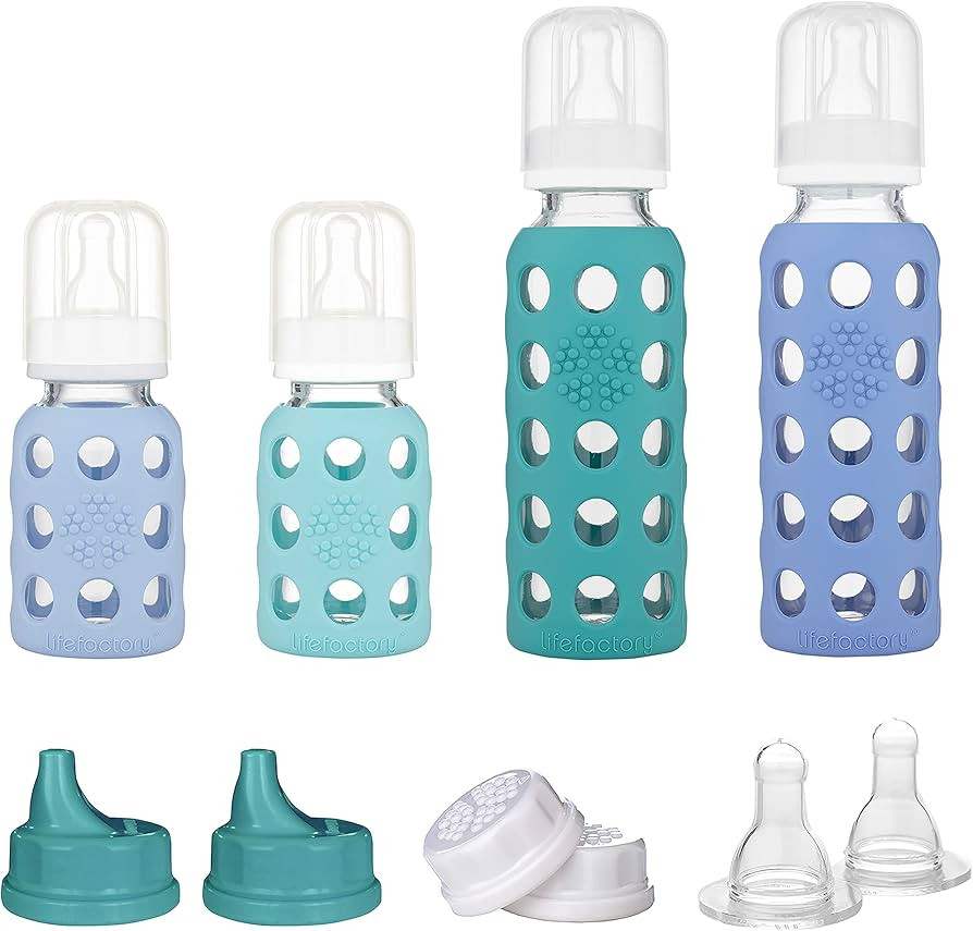 Lifefactory 4 Starter Baby Bottle Set in Mint/Blanket & in Kale/Blueberry Flat & Sippy Caps Stage... | Amazon (US)