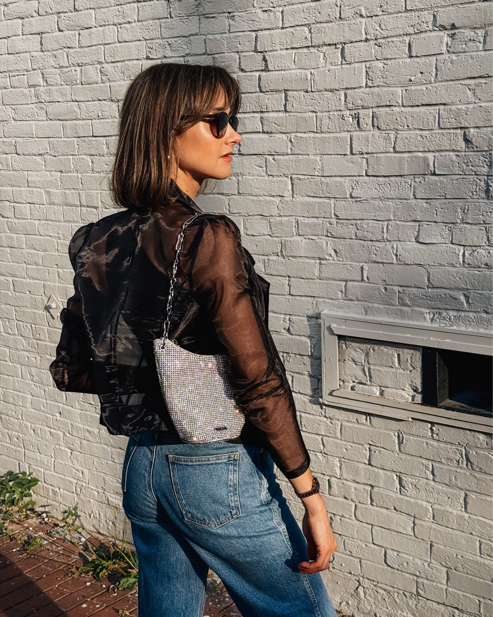 Sheer jacket and sparkly rhinestone bag are a winning date night combo.

#LTKOver40 #LTKItBag #LTKSeasonal