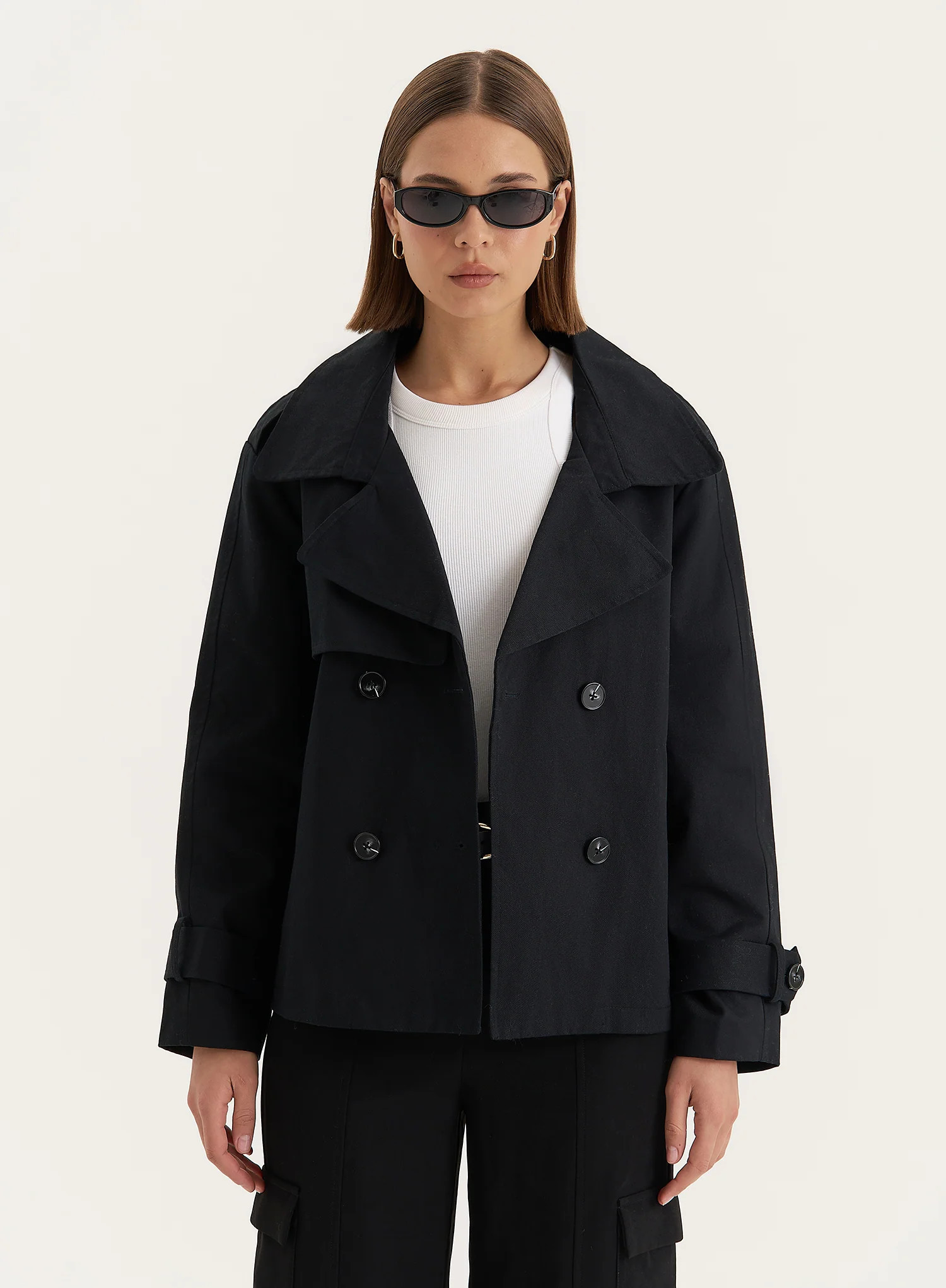 Black Cropped Trench Coat- Harlia | 4th & Reckless