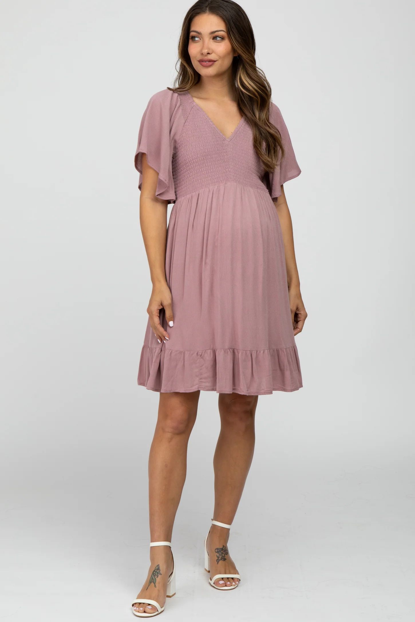 Mauve Smocked Front Ruffle Hem Maternity Dress | PinkBlush Maternity