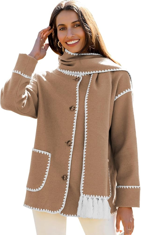 Angashion Women's Embroidered Scarf Jacket - Oversized Button Down Woolen Long Sleeve Causal Wint... | Amazon (US)