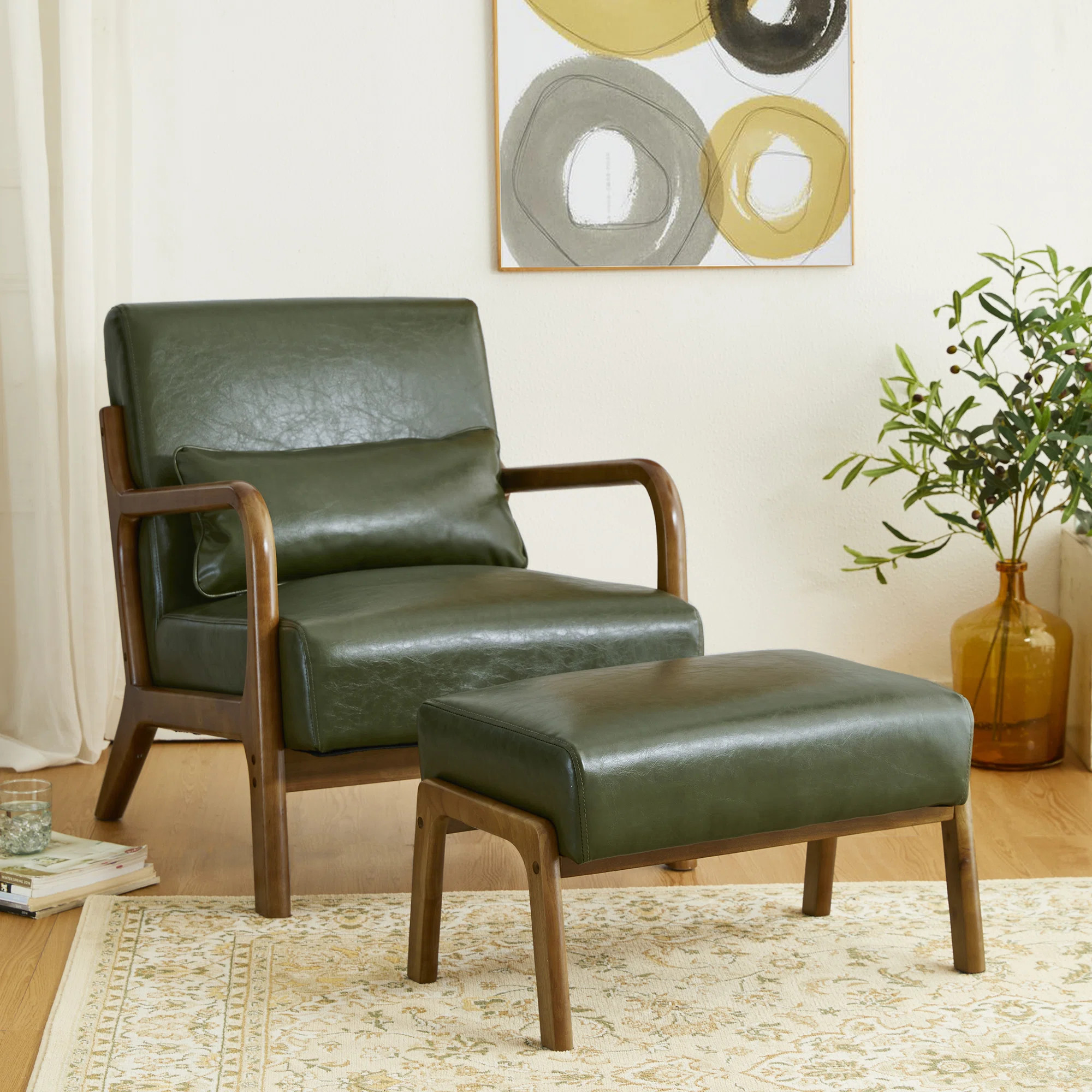 Mid-Century Modern Leatherette Accent Stool And Chair With Walnut Rubberwood Legs | Wayfair North America