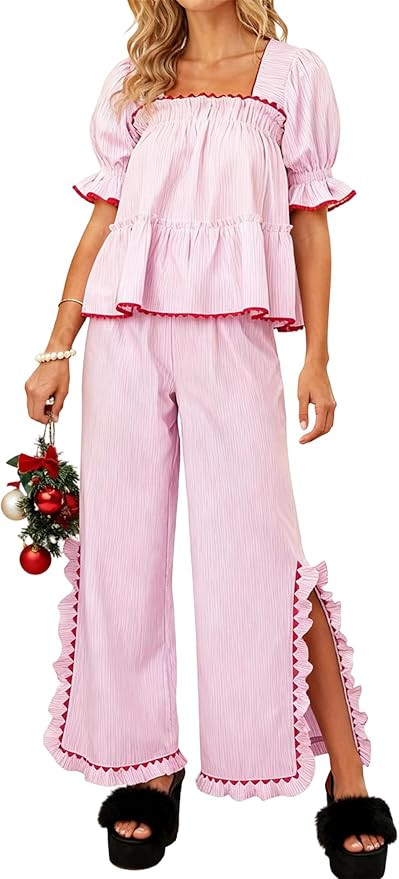 Bocymolay Women Christmas Red Plaid Pajamas Set Gingham Short Sleeve Babydoll Shirt Ruffle Pants ... | Amazon (US)
