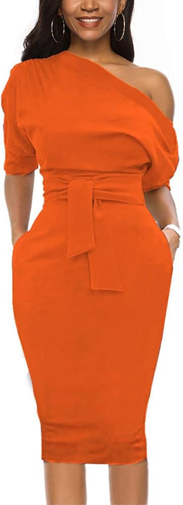 Elegant Womens Wear to Work Casual one Shoulder Belted Pencil Dress with Pockets | Amazon (US)