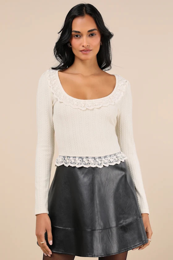 Coquette Appeal Cream Pointelle Lace Long Sleeve Top | Lulus