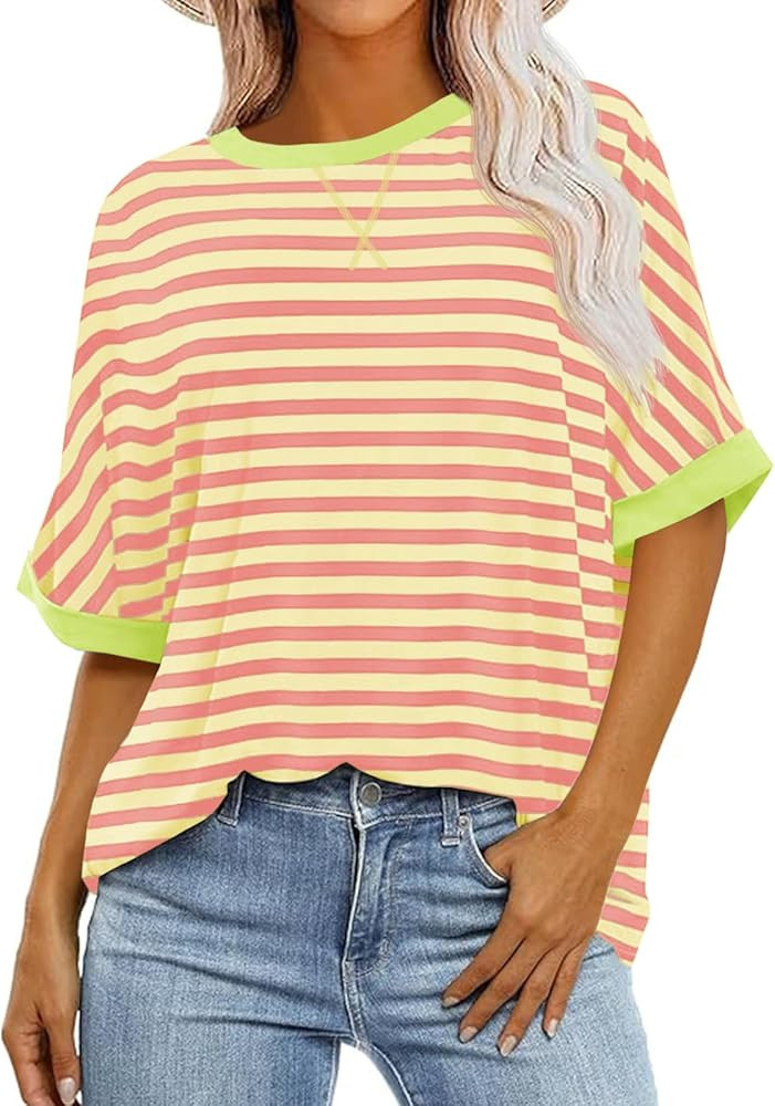 Tankaneo Womens Oversized Striped Tee Shirt Summer Casual Color Block Half Sleeve Crew Neck Tunic... | Amazon (US)