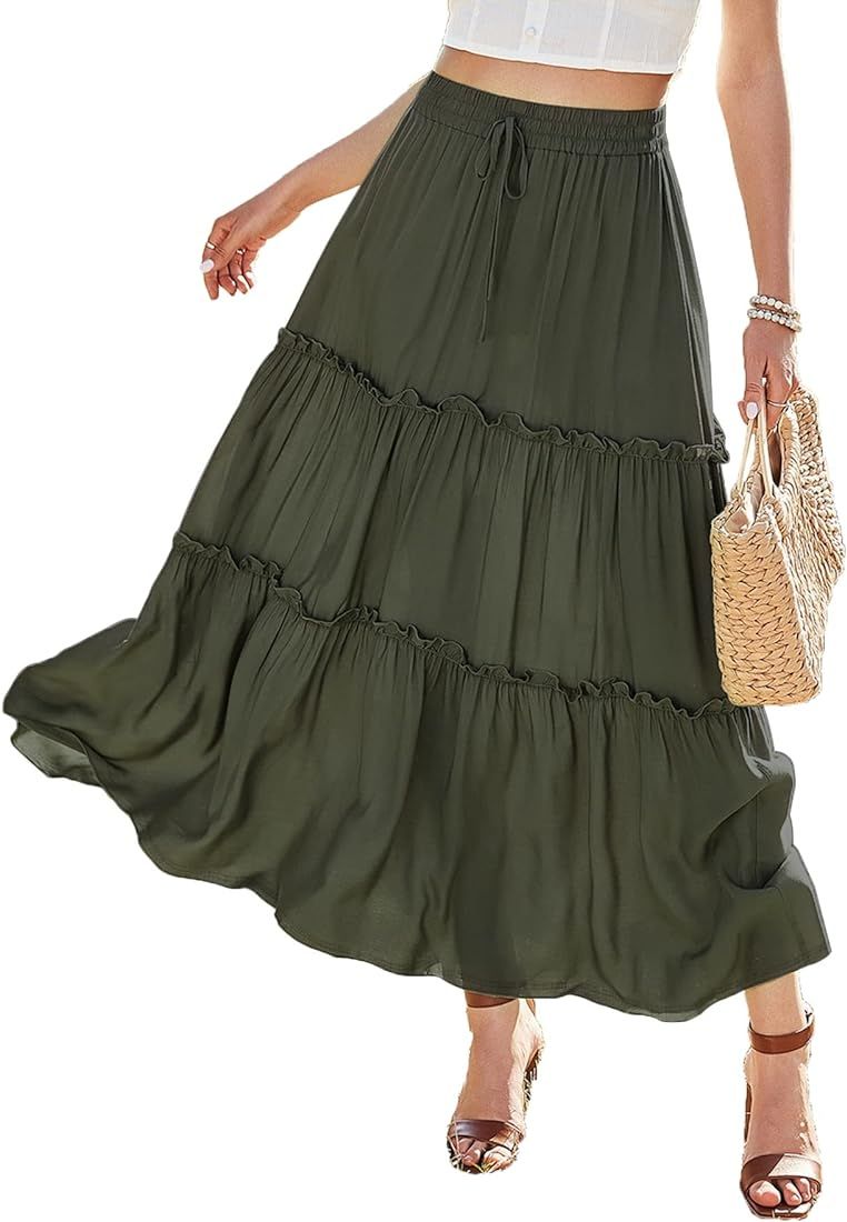 KOJOOIN Womens High Waisted Long Skirts A Line Boho Ruffle Flowy Tiered Pleated Maxi Skirt with P... | Amazon (US)