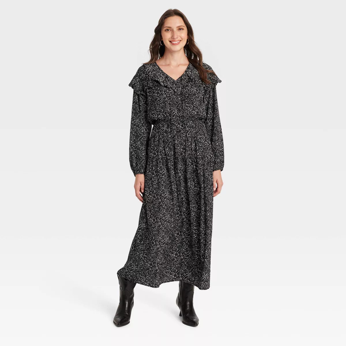 Women's Long Sleeve Ruffle Maxi A-Line Dress - Universal Thread™ Black Floral 3X | Target