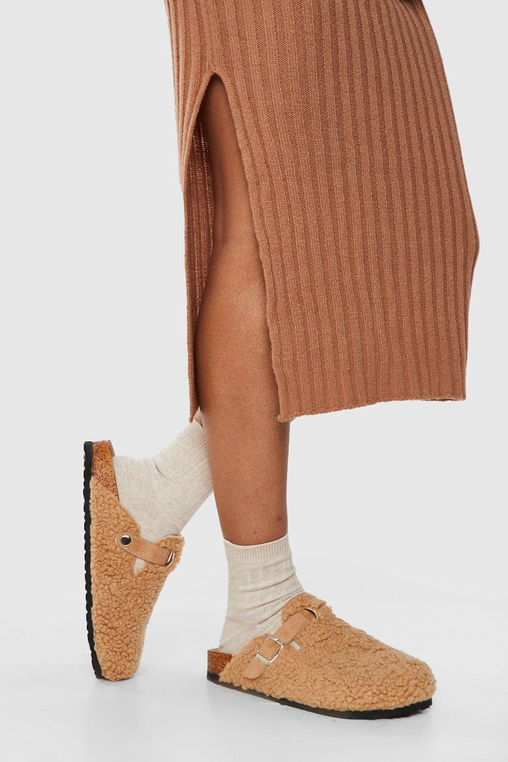 Womens Borg Closed Toe Clog - Brown - 8 | Boohoo.com (US & CA)