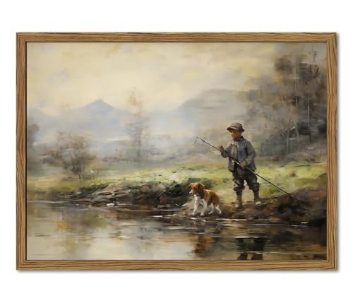 Vintage Wall Art, Boy Fishing Wall Decor Paintings, Dog and Boy Landscape Canvas Prints Nature Country Farmhouse Artwork for Bedroom Living Room 16x12 inch Wood Framed | Amazon (US)