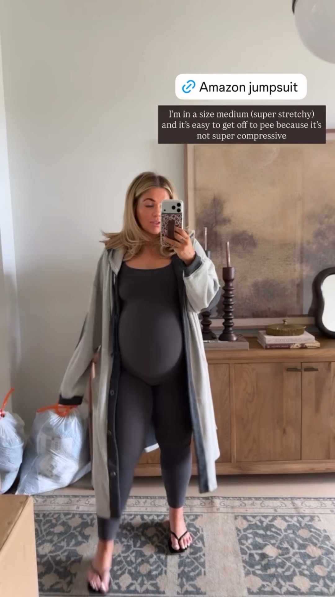 I’m in a size medium (super stretchy) and it’s easy to get off to pee because it’s not super compressive