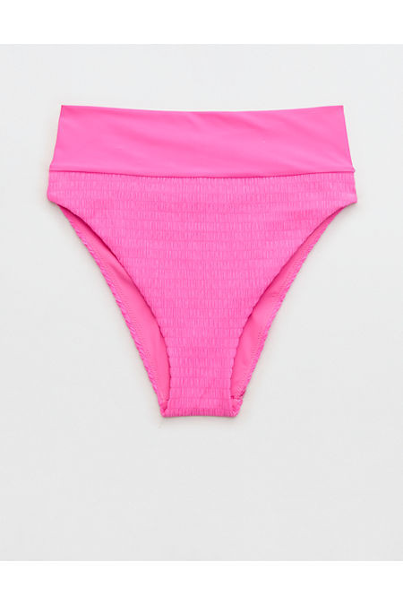 Aerie Smocked High Cut Cheeky Bikini Bottom NULL Pink Punch XXS | Aerie
