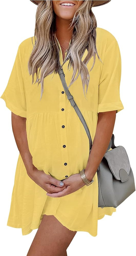 PYGFEMR Women's Short Sleeve Babydoll Dress Button Down Dresses with Pockets | Amazon (US)