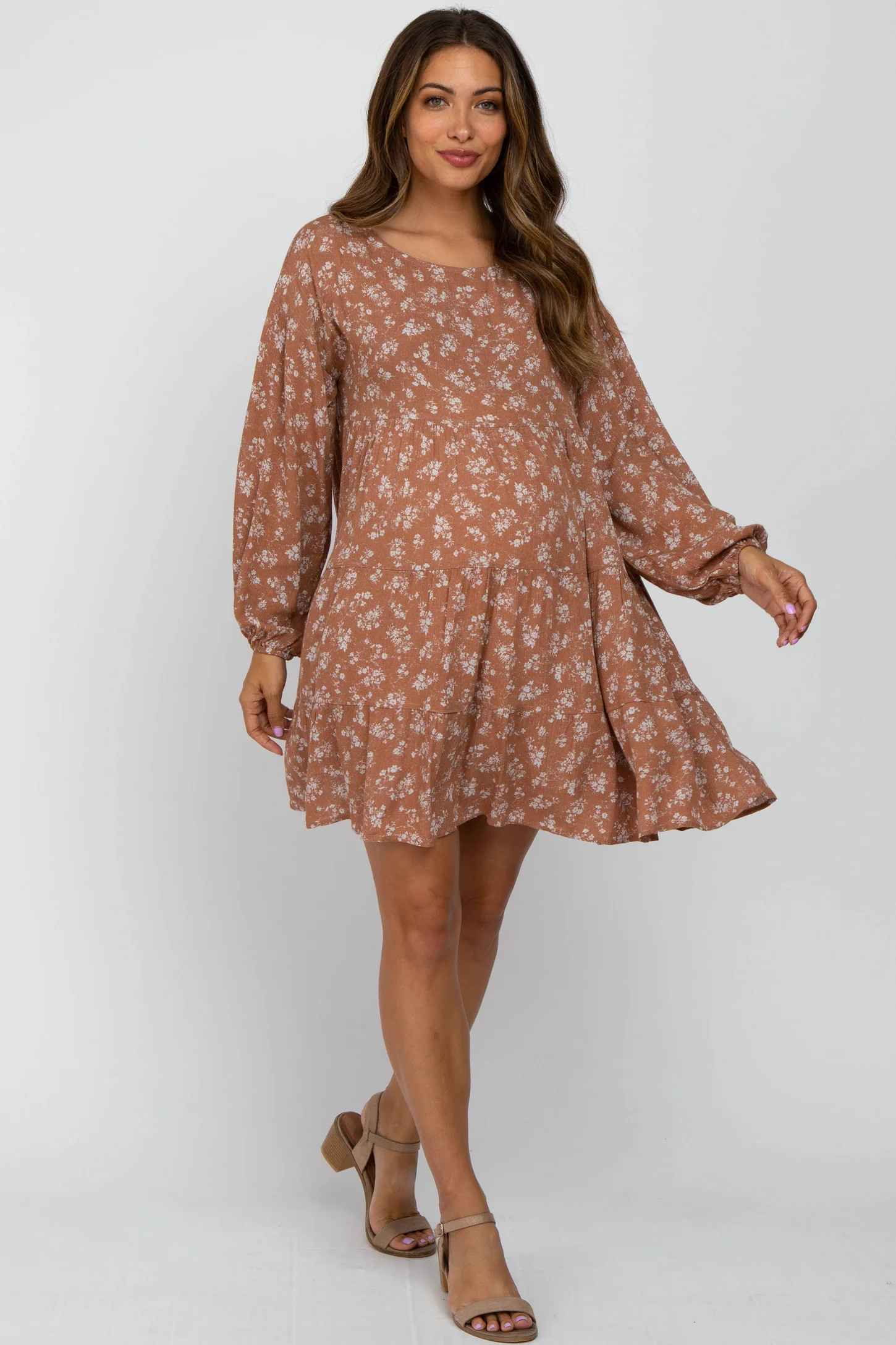 Rust Floral Long Sleeve Babydoll Maternity Dress | PinkBlush Maternity