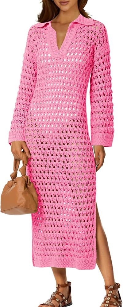 Saodimallsu Womens Crochet Swimsuit Cover Up V Neck Collared Long Sleeve Mesh Knit Long Beach Cov... | Amazon (US)
