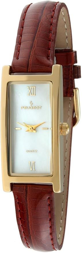 Peugeot Women's Slim 14K Gold Plated White Mother of Pearl Face Roman Numeral Brown Leather Thin ... | Amazon (US)