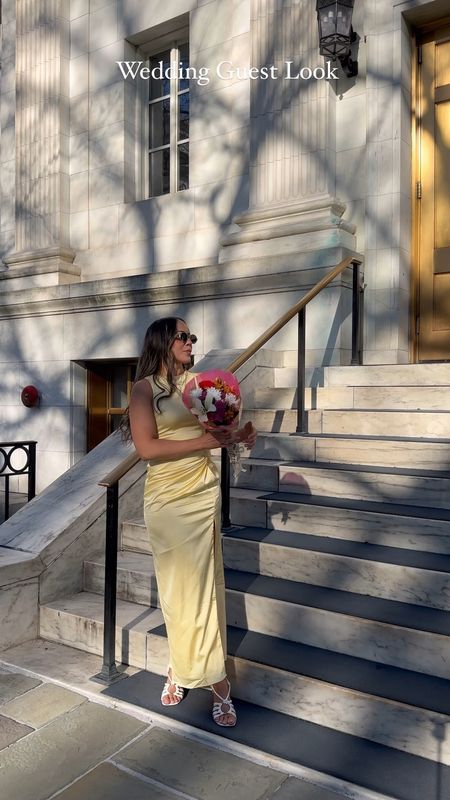 Wedding Guest Look, this satin dress is super flattering and it comes in other colors. It’s giving me How to Lose a Guy in 10 Days vibes. Do you see it? 

#springwedding #weddingdress #weddingguestdress #springwedding #springfashion2024 #springstyle #springdress midi dress, yellow dress, yellow outfit, outdoor wedding dress, outfit idea, reel ideas, reel fashion, spring shoes, white shoes, designs inspired sunglasses, Celine glasses, spring flowers, Wedding guest dress, Easter, dress, maternity friendly, vacation outfit, resort wear, spring outfit,  Statement piece, date night outfits, dress, vacation outfits, travel outfit, 

#LTKVideo #LTKwedding #LTKparties