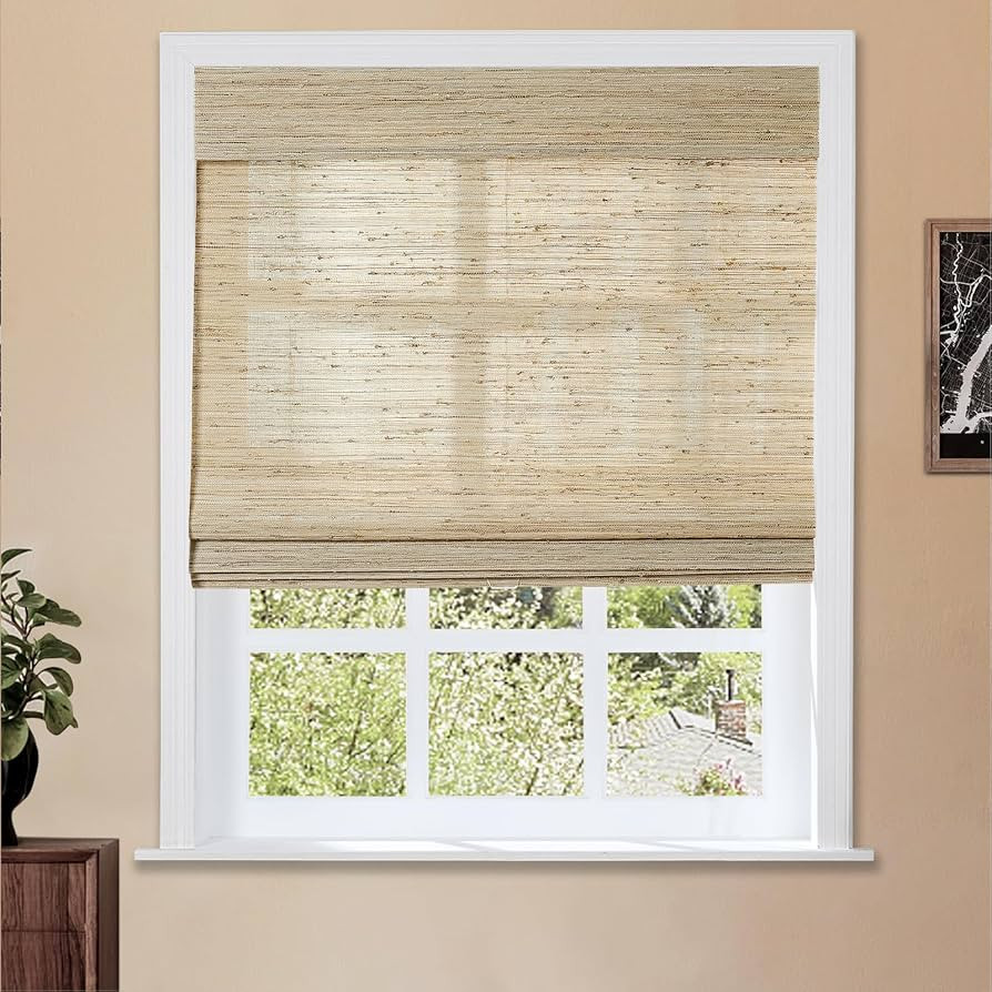 TWOPAGES Natural Cordless Ramie Roman Shade No Drill Customized Roman Blind Light Filtering Black... | Amazon (US)