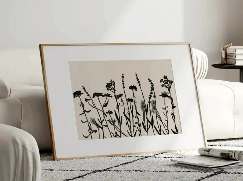Minimalist Floral Art Print, Black Simple Flowers Wall Art, Black and Beige Poster, Neutral Botan... | Etsy (US)