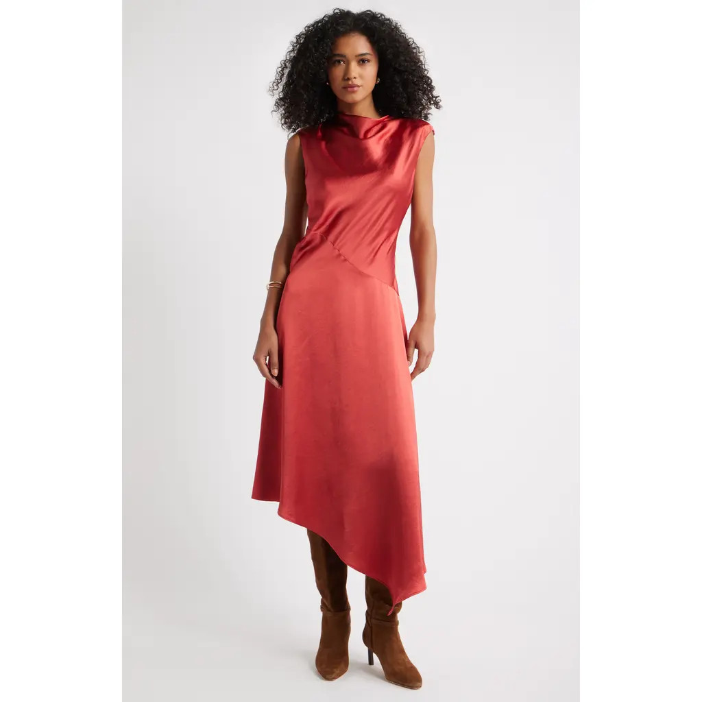Open Edit Cowl Neck Asymmetric Satin Midi Dress in Red Apple at Nordstrom Rack, Size Large | Nordstrom Rack
