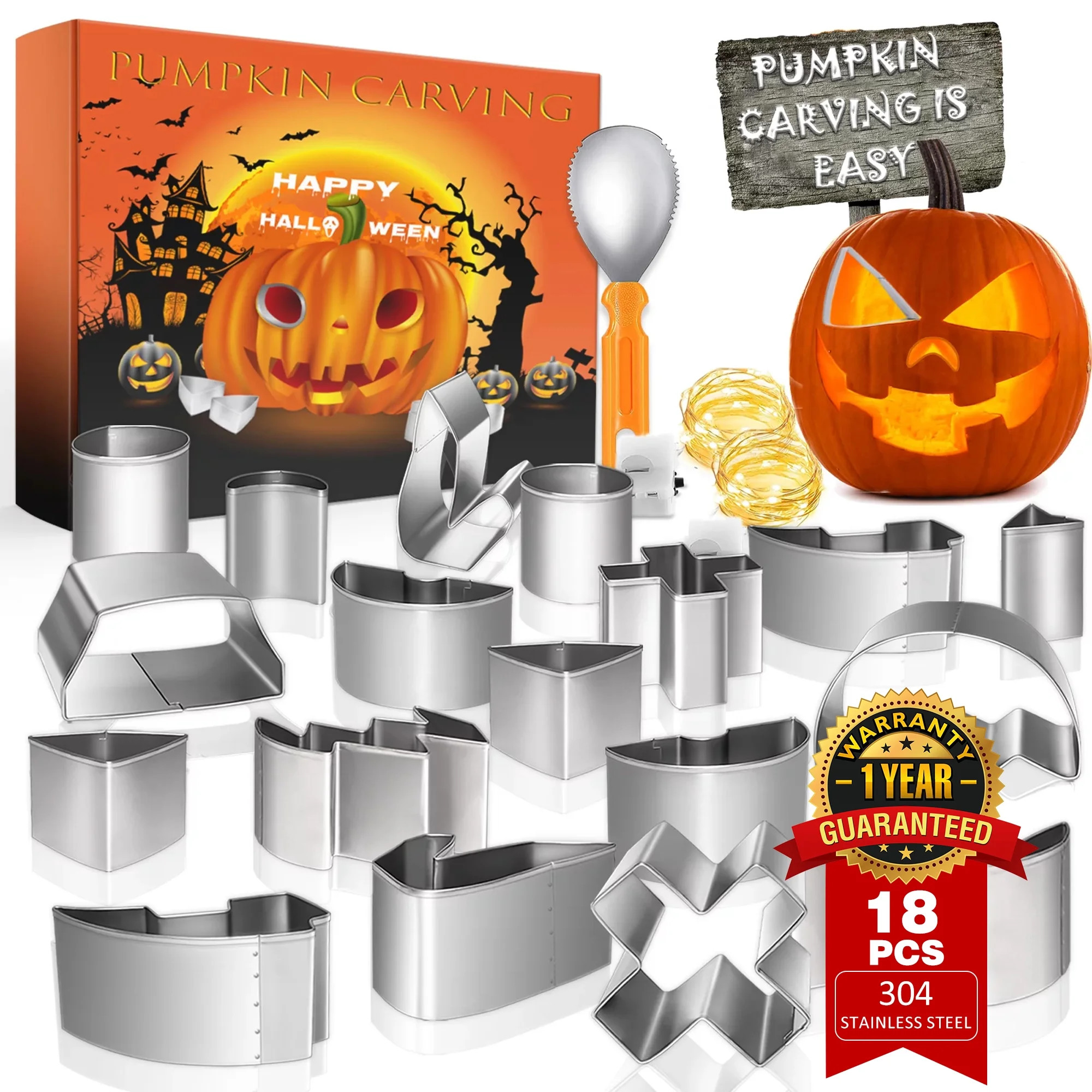 YAHHU Halloween Pumpkin Carving Kit - 18Pcs Pumpkin Carving Stencils with String Lights, Safe DIY... | Walmart (US)