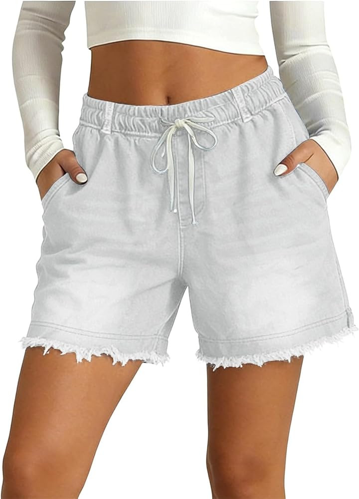 Jean Shorts Womens Drawstring Stretchy High Waisted Summer 2026 Casual Loose Elastic Plus Size Pu... | Amazon (US)