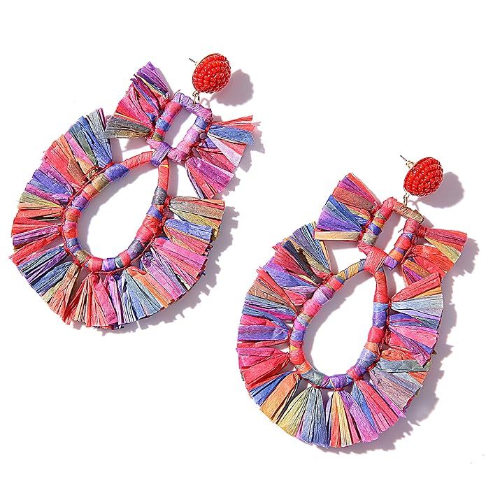 Raffia Earrings for Women – Bohemian Handmade Drop Earrings for Raffia-vintage Raffia Earrings ... | Amazon (US)