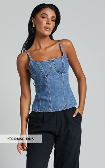 Mckenna Top - Strappy Bustier Denim Top in Mid Blue Wash | Showpo (US, UK & Europe)