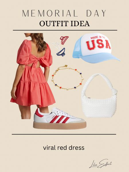 Memorial Day Outfit Idea • Red Dress • Red Summer Dress • Mini Dress • White and Red Sneakers • Patriotic Outfit •
USA outfit • Trucker Hat • White Beaded Bag 

#LTKFestival #LTKStyleTip