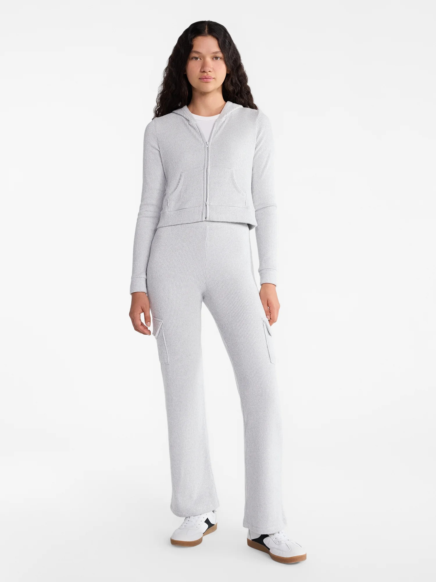 No Boundaries Brushed Ribbed Zip-Up Hoodie and Flare Pants Set, 2-Piece, Women's | Walmart (US)