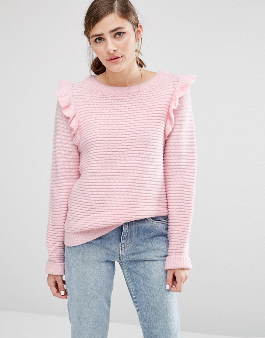 Willow and Paige Ribbed Sweater With Shoulder Ruffle - Pink | ASOS US