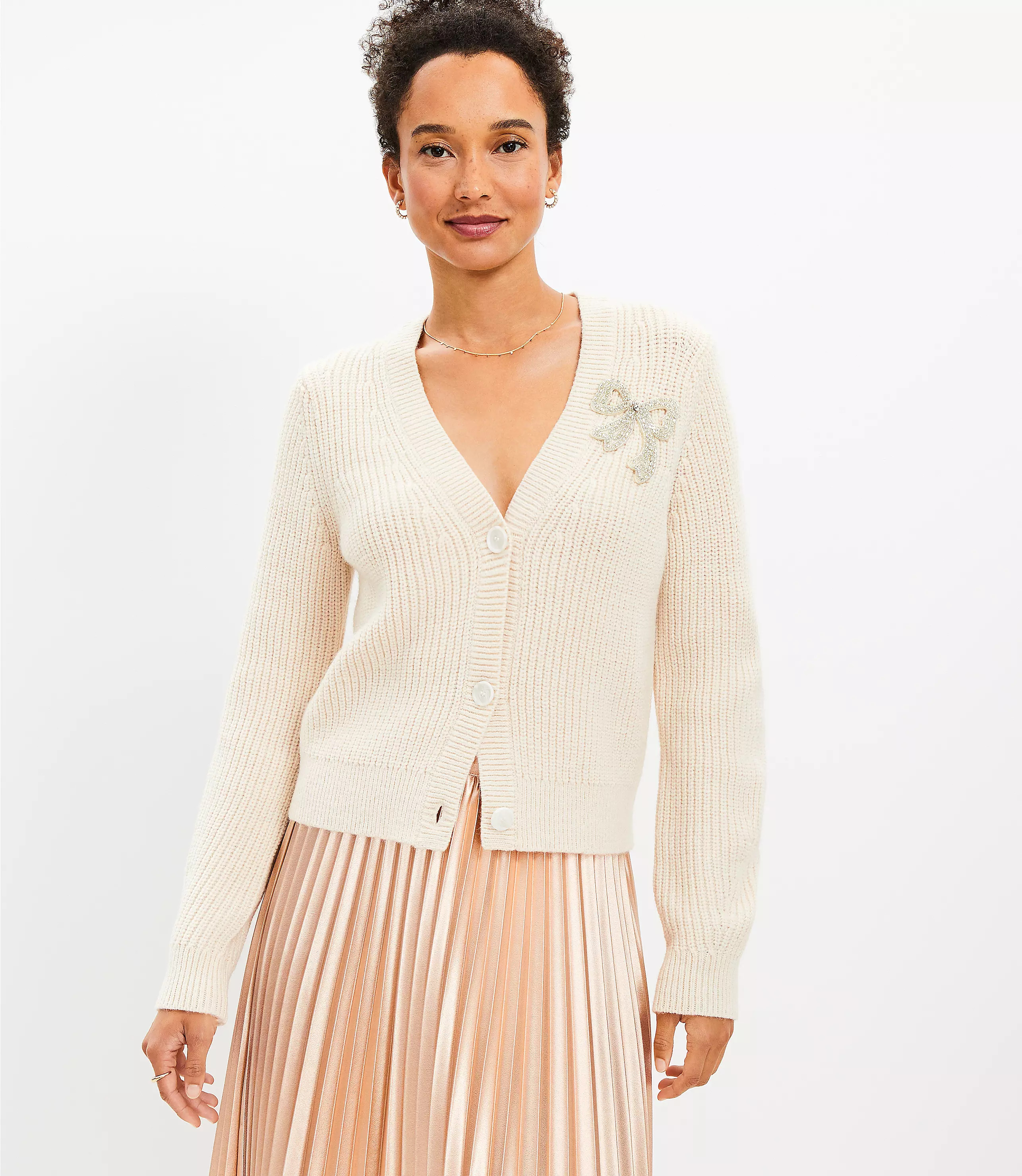 Petite Sparkle Bow Ribbed V-Neck Cardigan | LOFT
