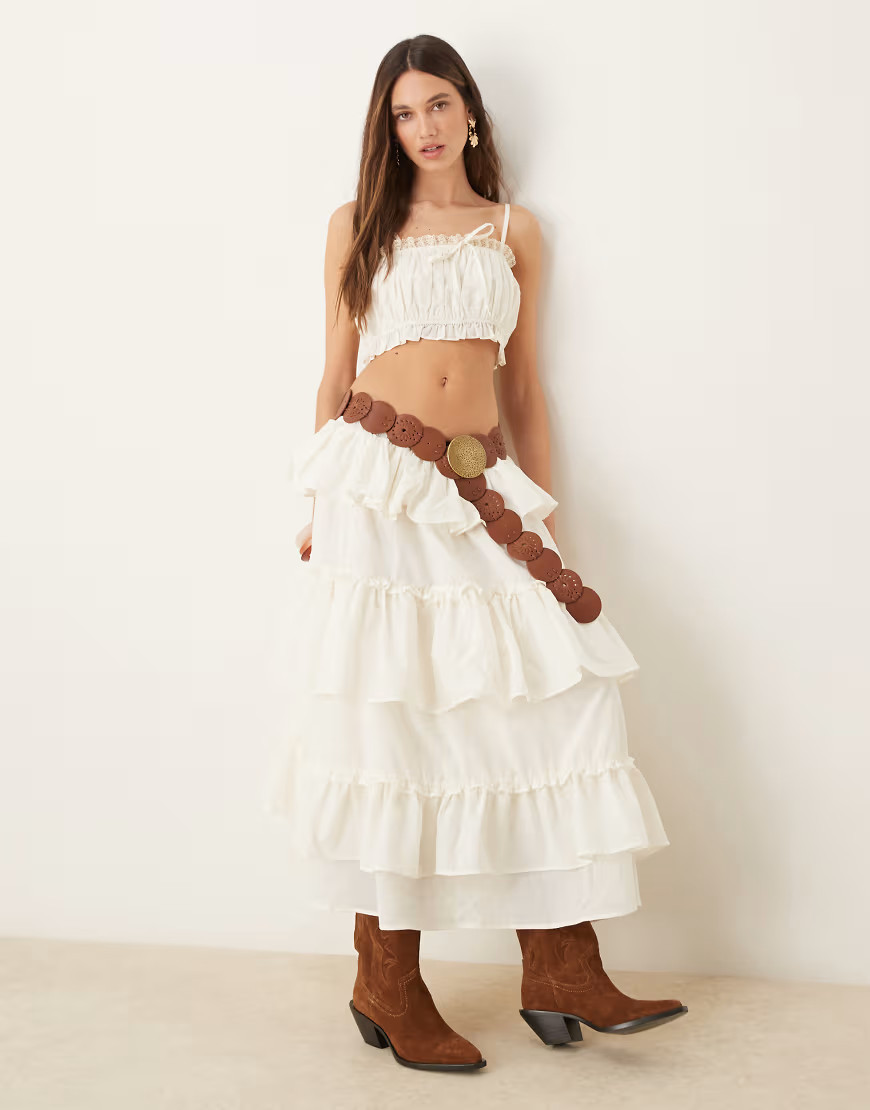 ASOS DESIGN cotton ruffle prairie maxi skirt in ecru - part of a set-White | ASOS (Global)