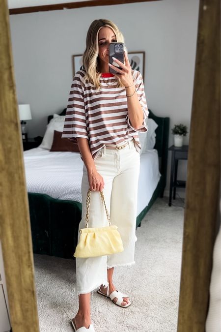 Casual summer look. Neutral outfit with a pop of color. Stripe shirt is from Amazon. It’s oversized already but I got a medium. I could have gone with my normal size small, but either works. Purse and shoes are from target 

#LTKSeasonal #LTKStyleTip #LTKItBag